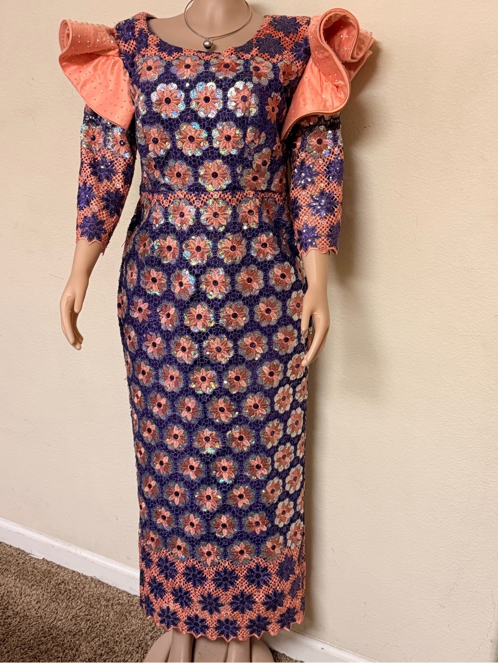 Peach & Purple Floral Sequin Maxi Dress